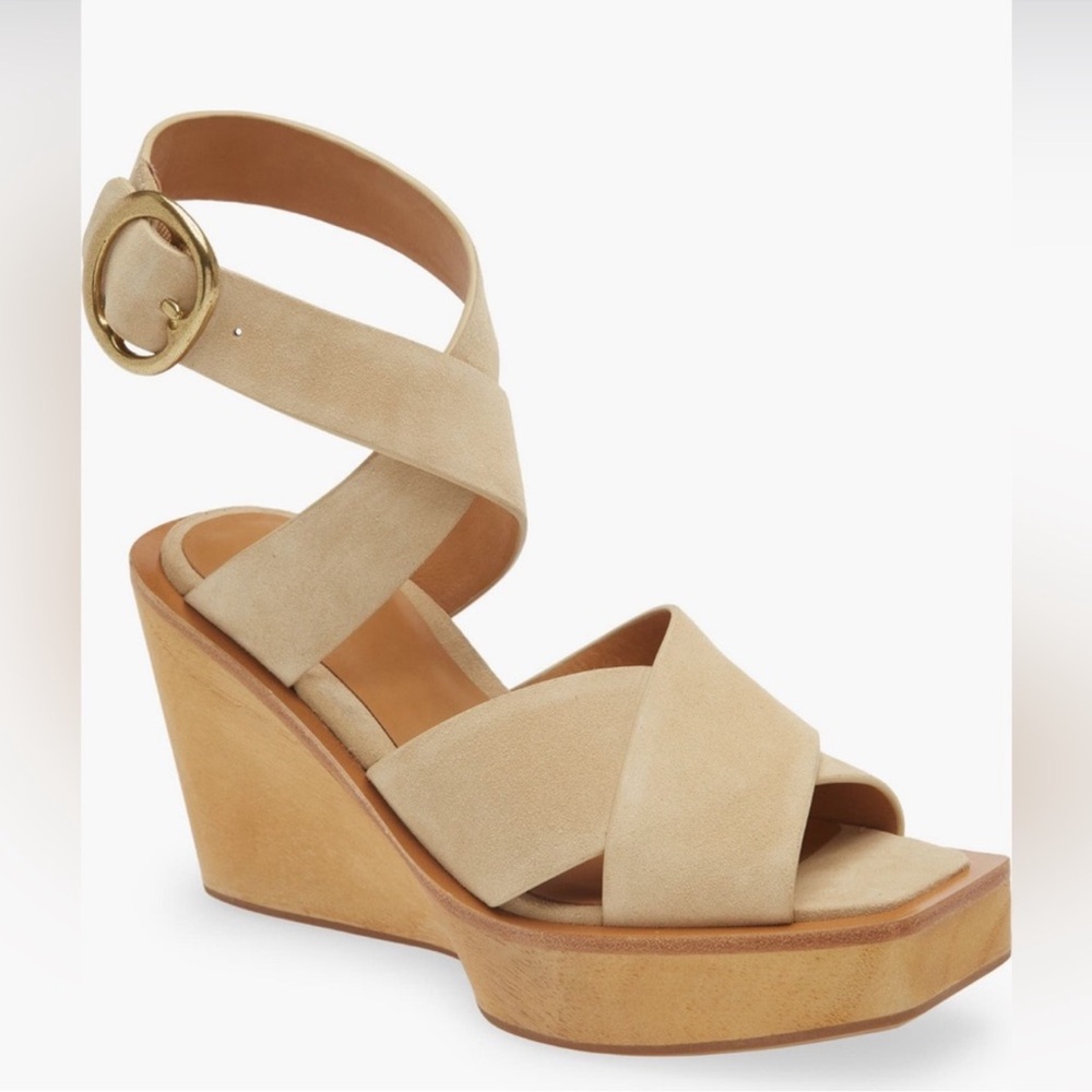 New! Rag & Bone Santiago Crisscross Wood Wedge Sandals Tan Suede Strap - Picture 2 of 11